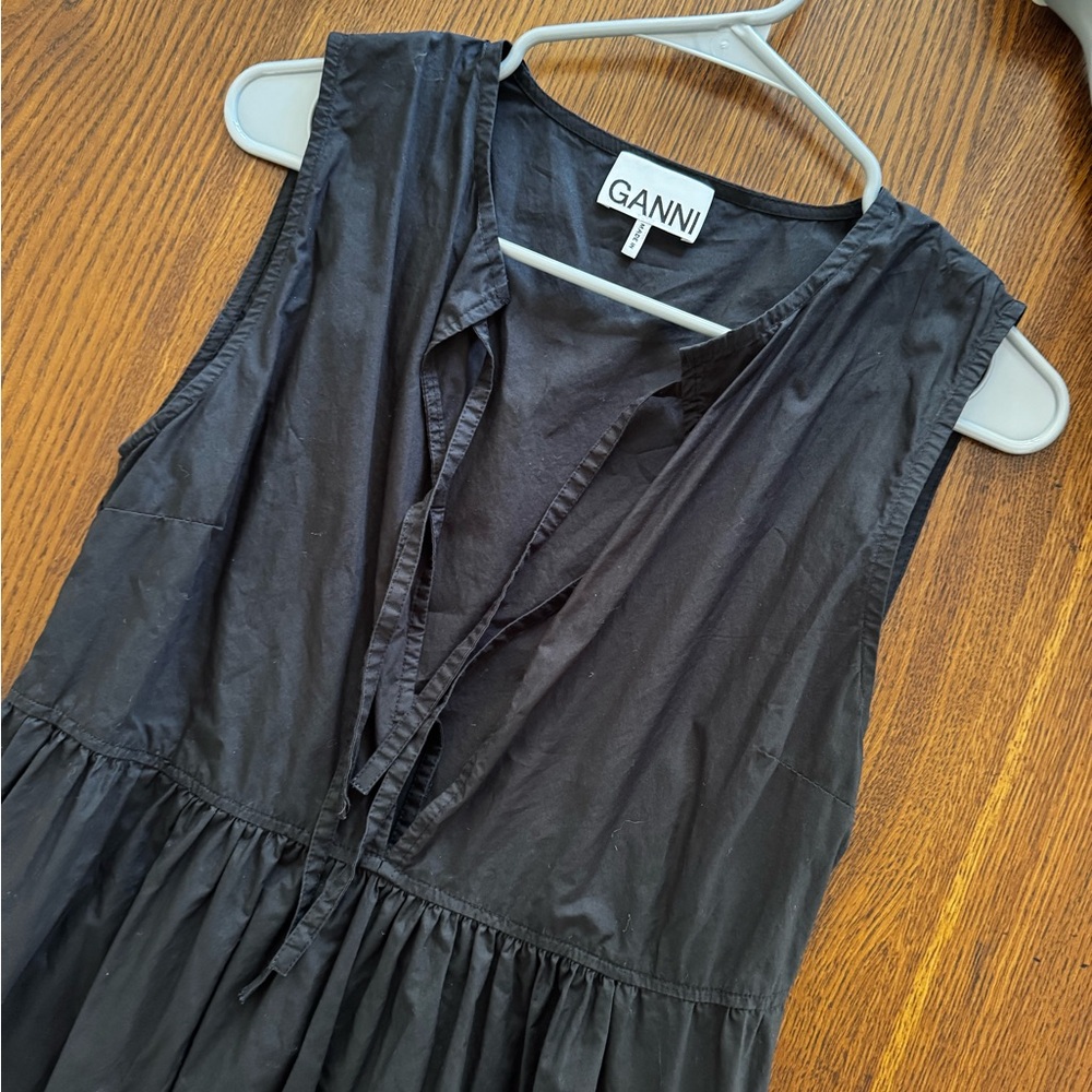 Ganni Tie-Front Cotton Poplin Midi Dress Black